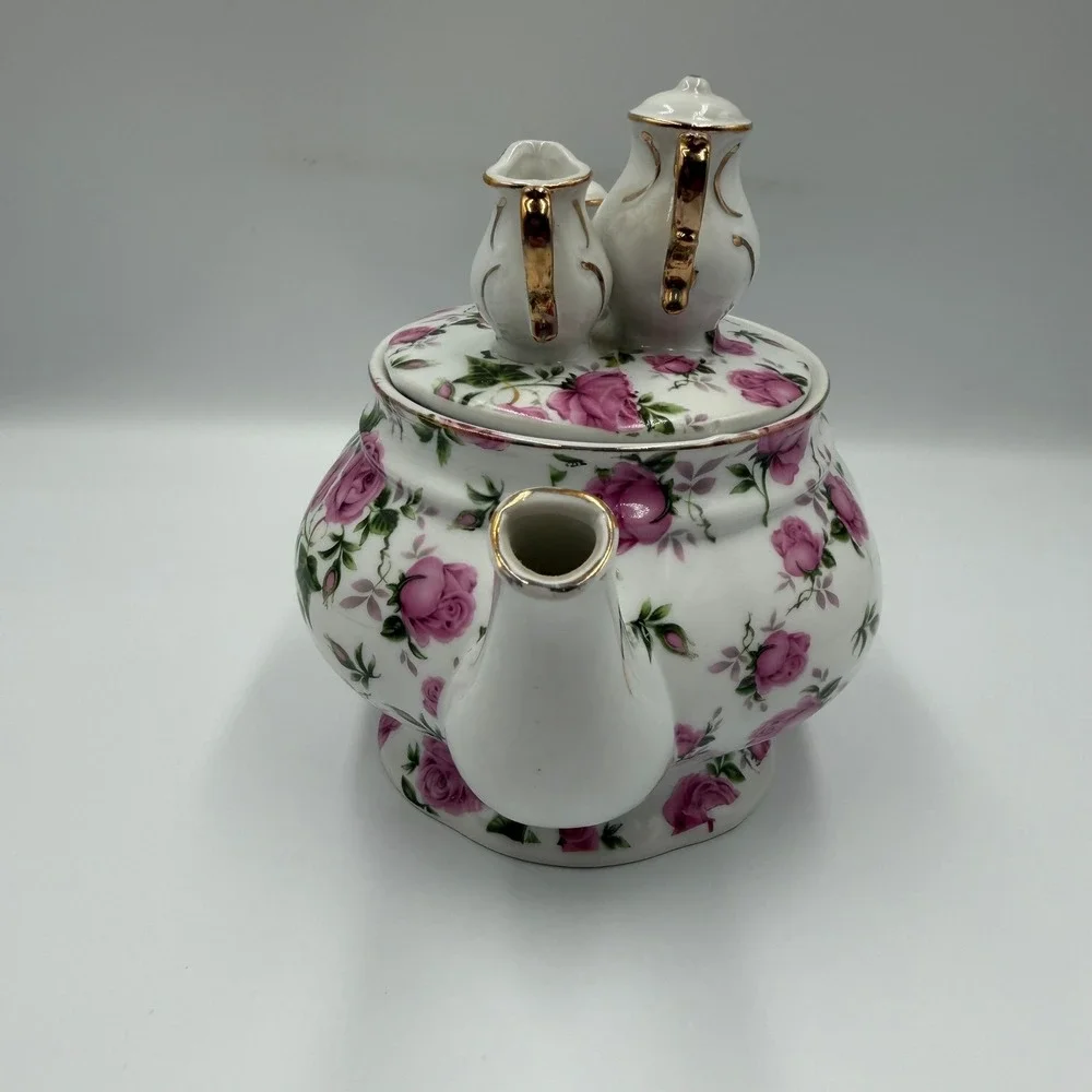 Victoria's Garden Tea Room Pink Rose Porcelain Teapot with Miniature Set Lid NEW